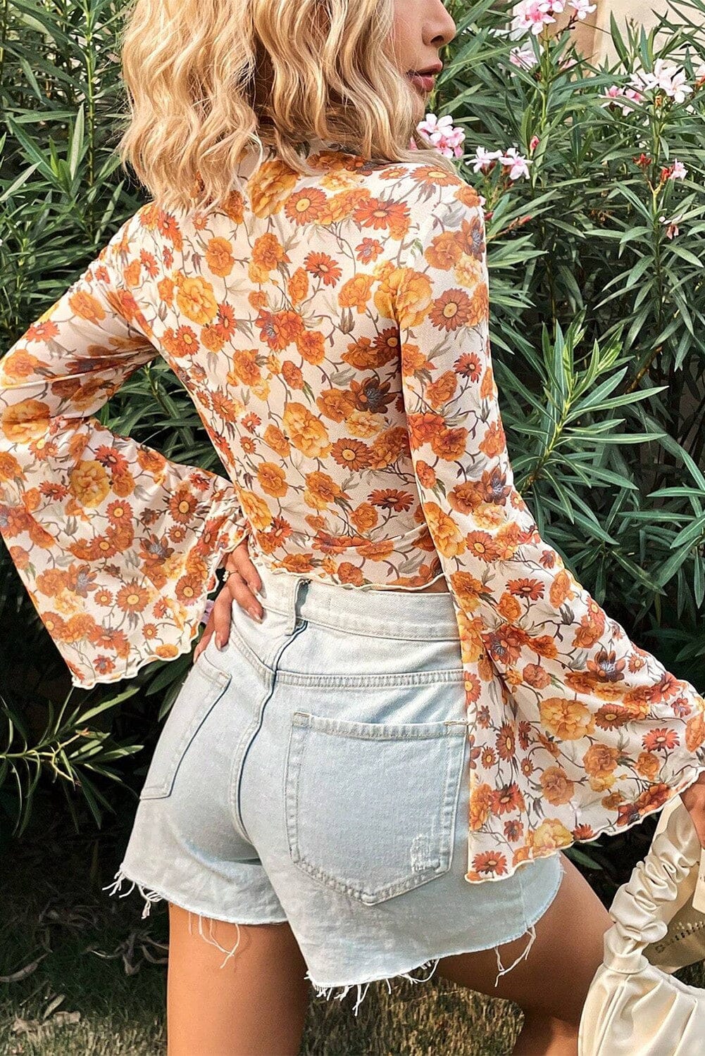 Floral Bell Sleeve Mock Neck Scallop Trim Blouse Youmi