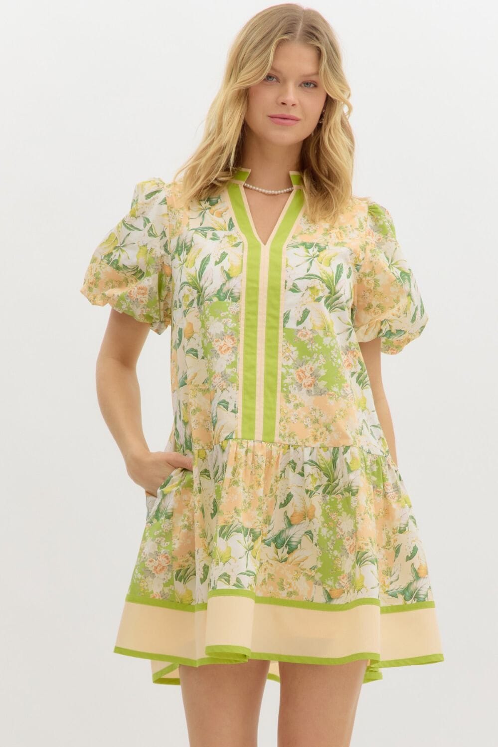 Floral Bubble Sleeve Top with Solid Band Detail - Ships late May Entro small Green