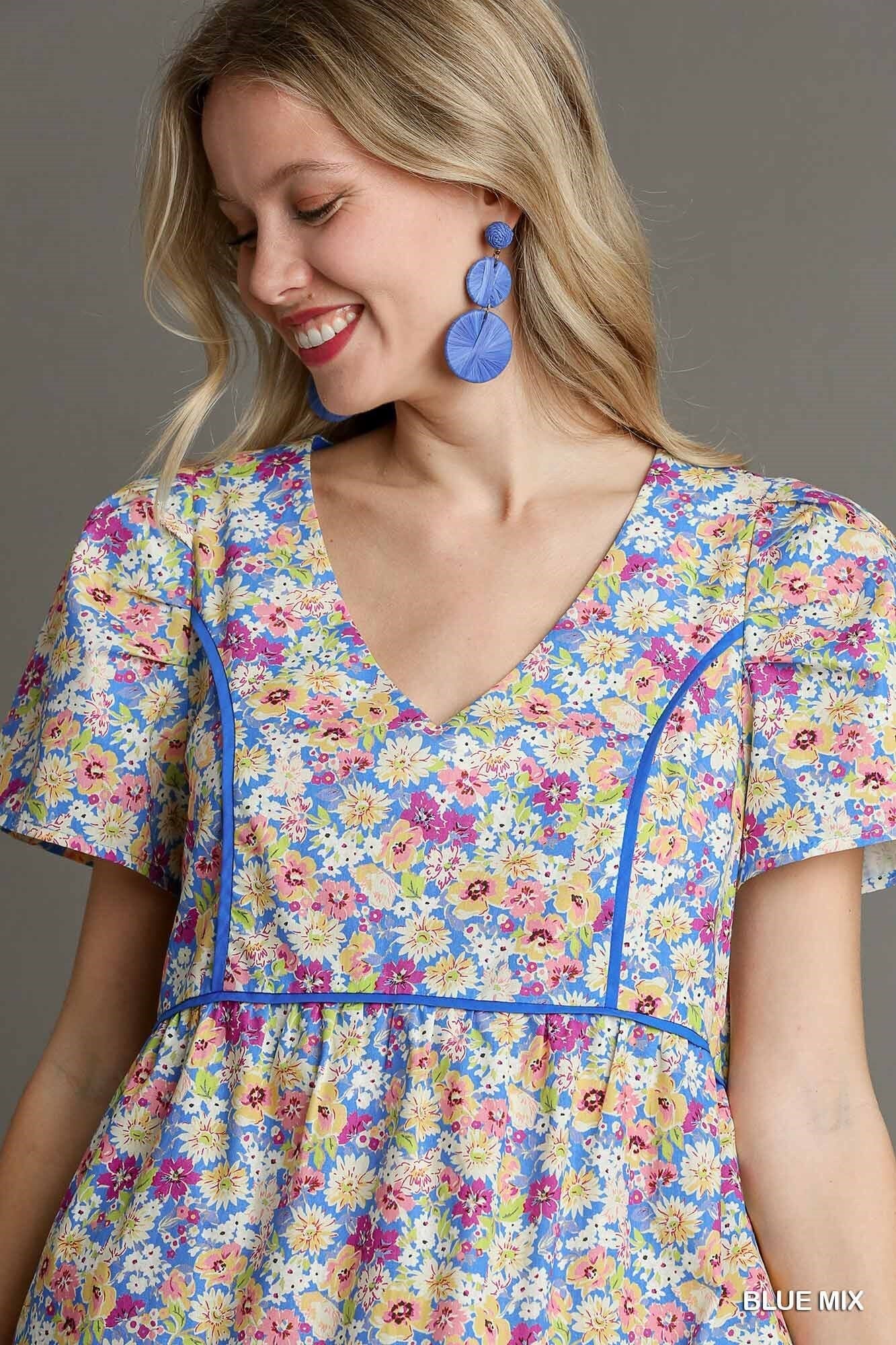 Floral Dress with Cobalt Piping Umgee