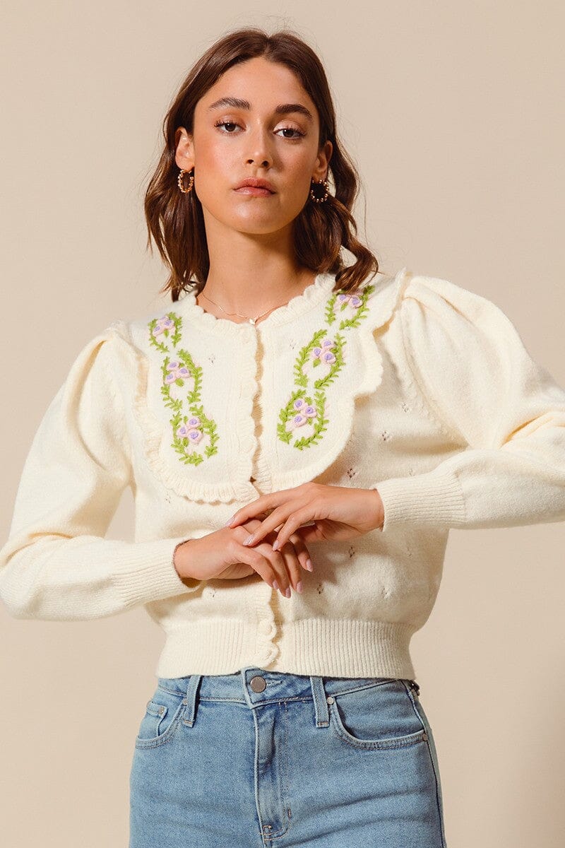 FLORAL EMBROIDERED CARDIGAN WITH SCALLOPED EDGE so me
