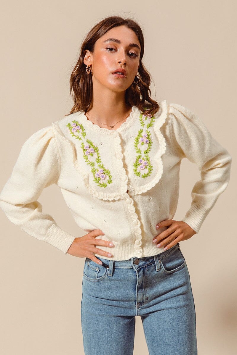 FLORAL EMBROIDERED CARDIGAN WITH SCALLOPED EDGE so me