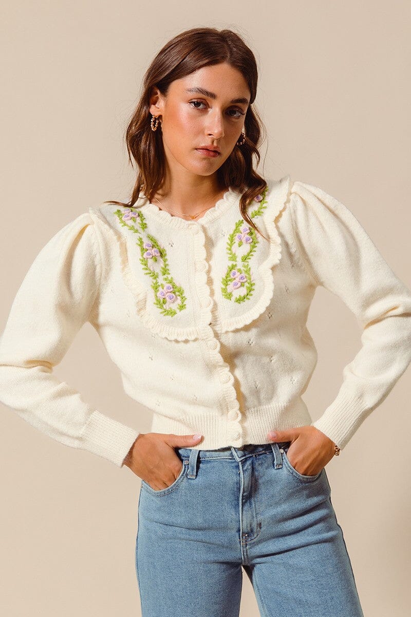 FLORAL EMBROIDERED CARDIGAN WITH SCALLOPED EDGE so me