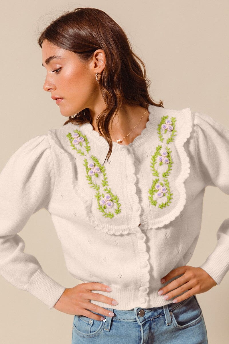 FLORAL EMBROIDERED CARDIGAN WITH SCALLOPED EDGE so me