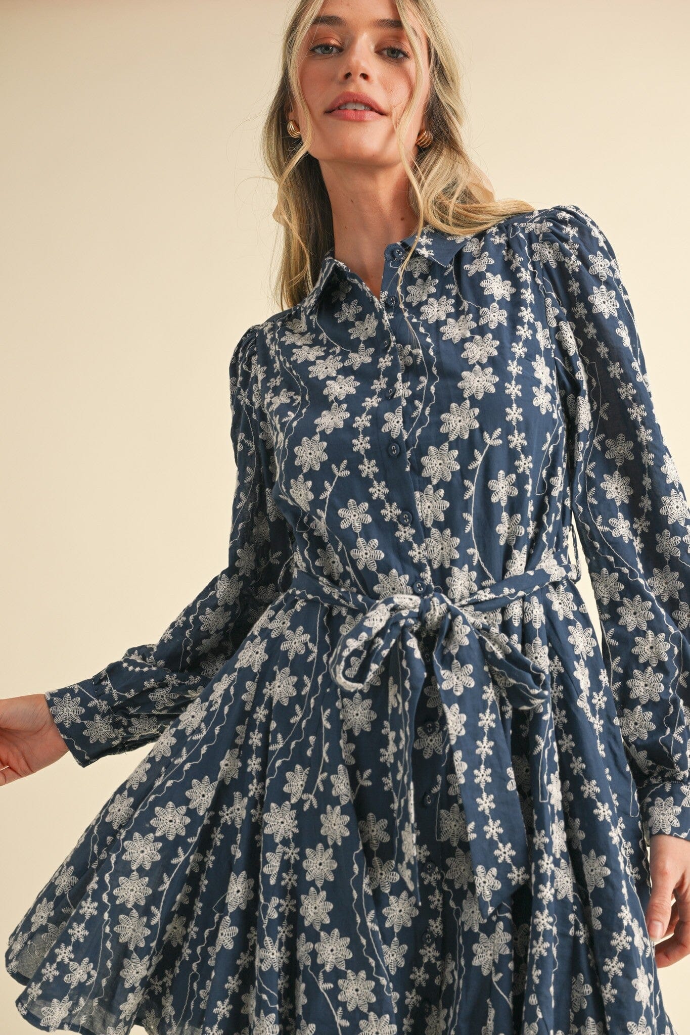 FLORAL EMBROIDERY BUTTON DOWN FLARED MINI DRESS &merci