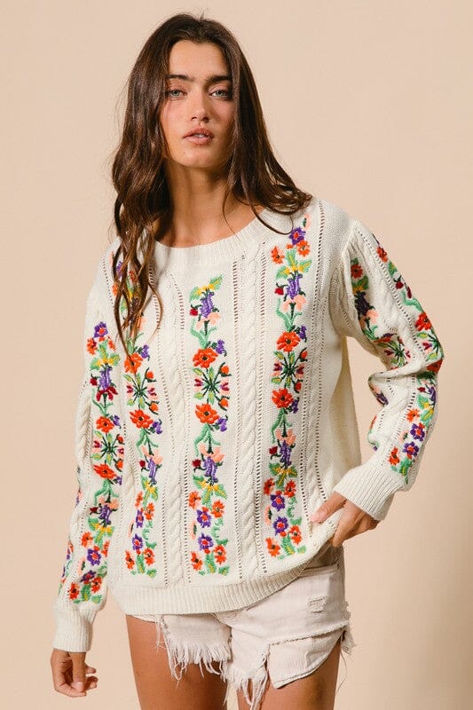 Floral Embroidery Cable Sweater Bibi