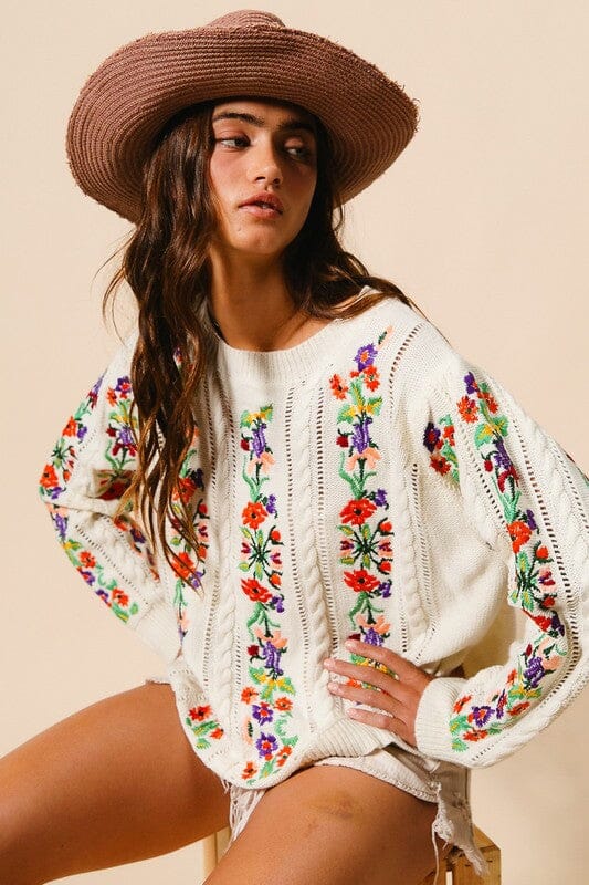 Floral Embroidery Cable Sweater Bibi