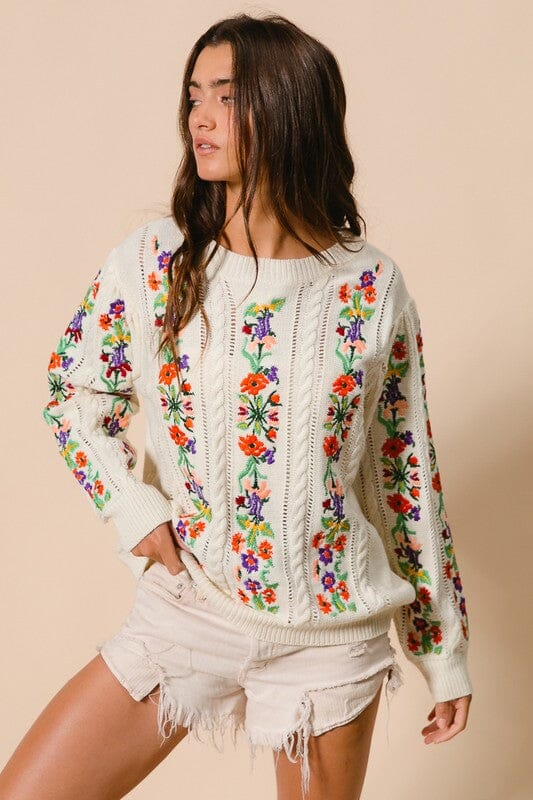 Floral Embroidery Cable Sweater Bibi