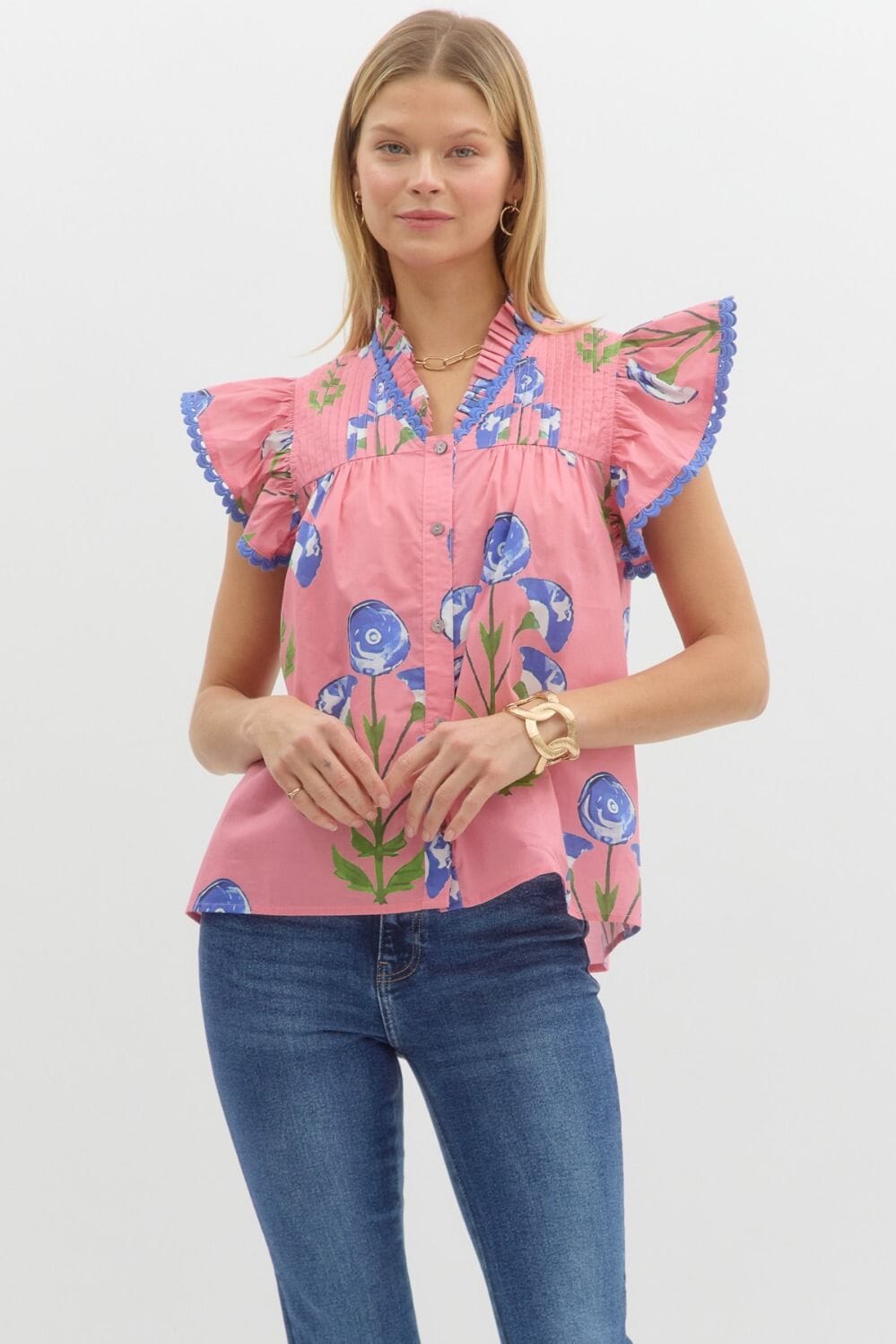 Floral Flutter Sleeve Button Up Shirt Entro