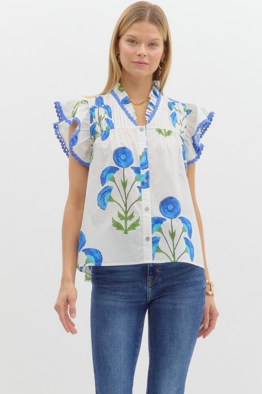 Floral Flutter Sleeve Button Up Shirt Entro