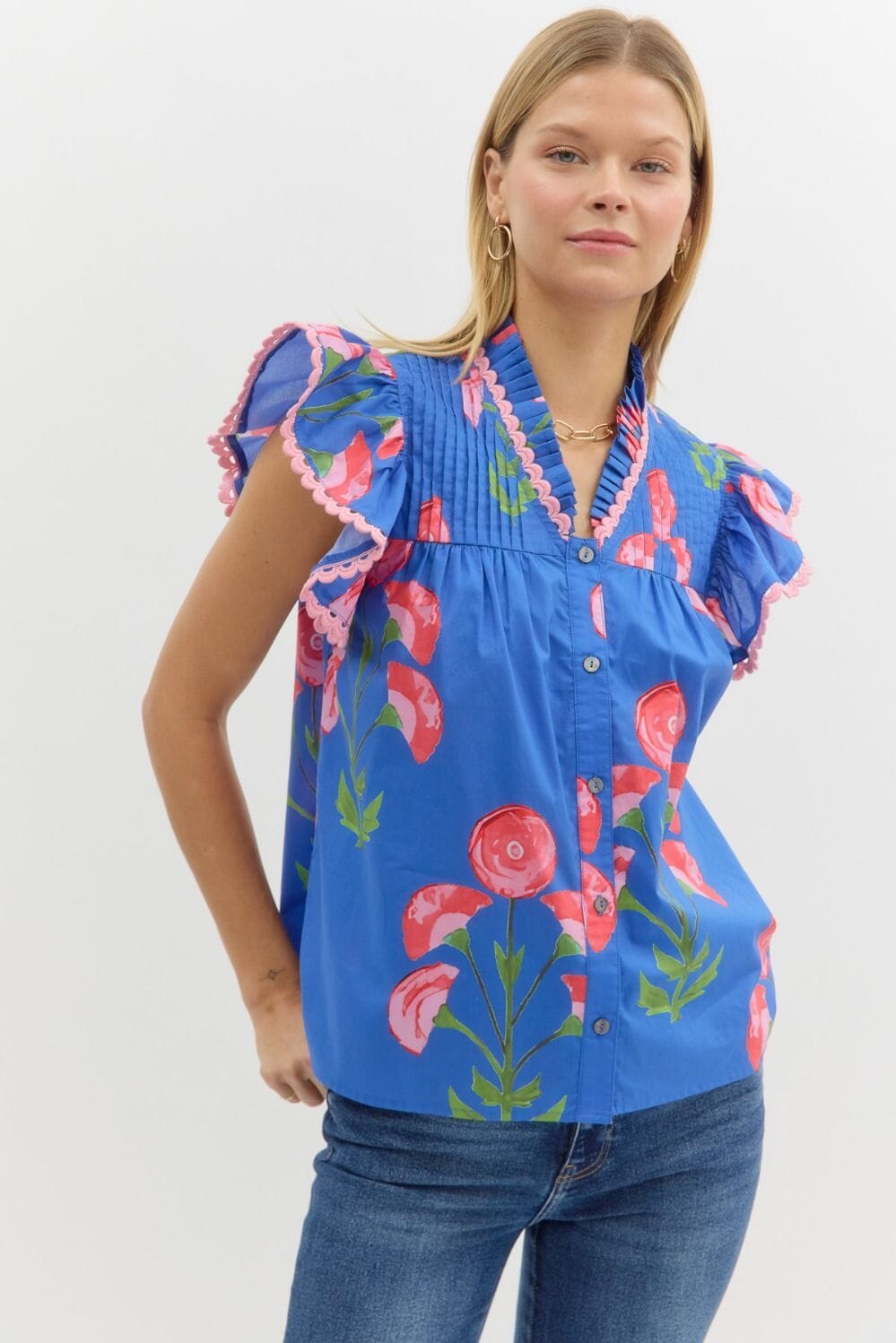 Floral Flutter Sleeve Button Up Shirt Entro