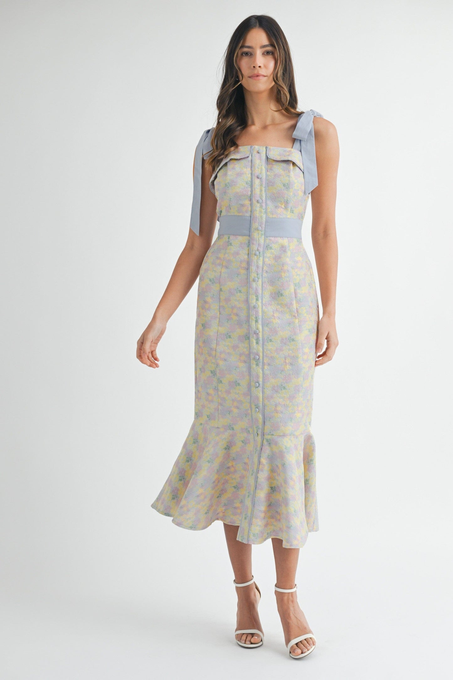 FLORAL JACQUARD SHOULDER BOW SELF TIE MIDI DRESS Mable