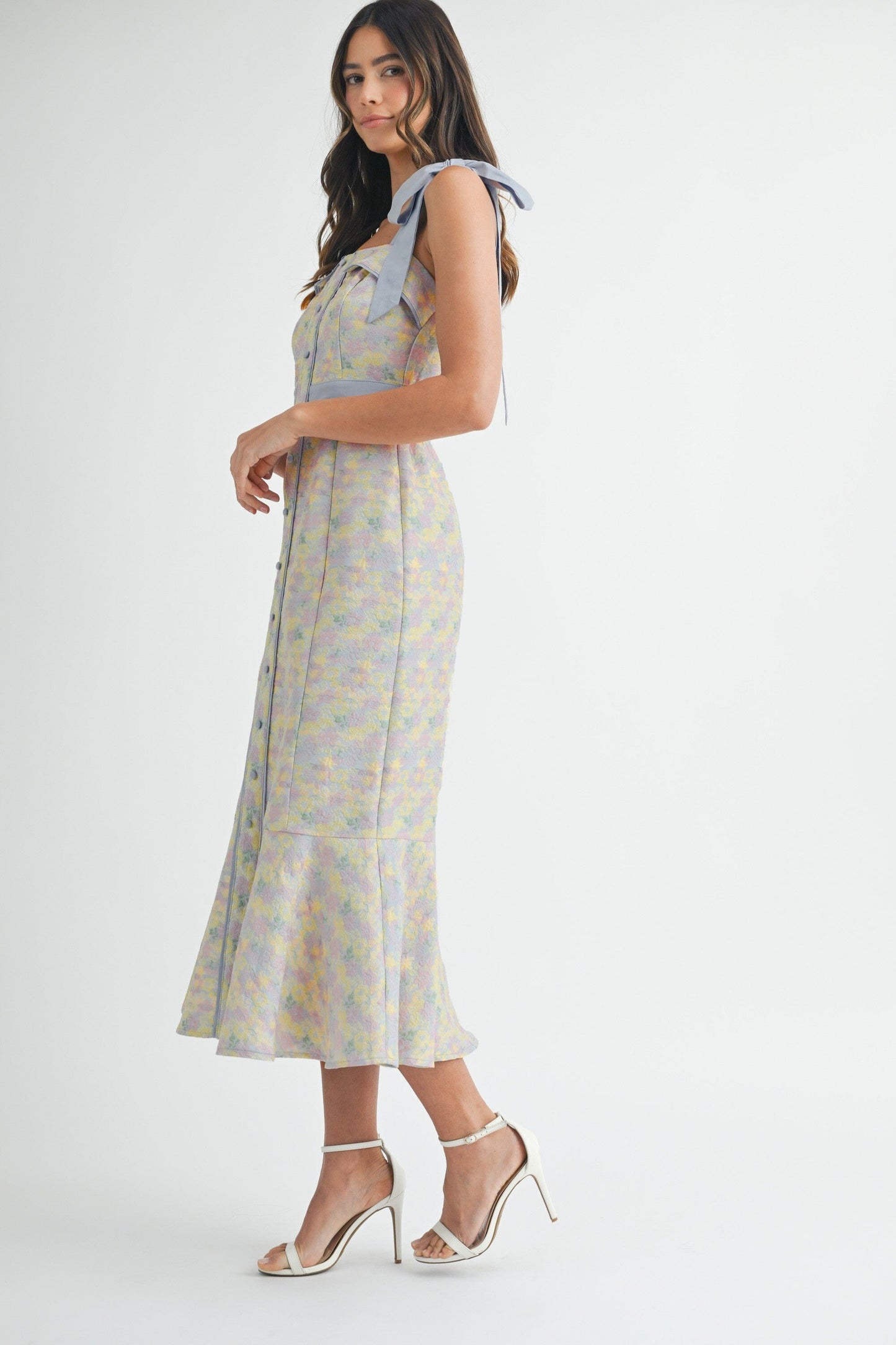 FLORAL JACQUARD SHOULDER BOW SELF TIE MIDI DRESS Mable