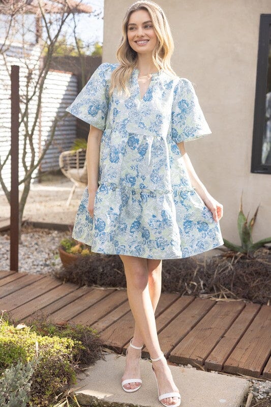 Floral Jacquard Texture Split Neck Dress Voy
