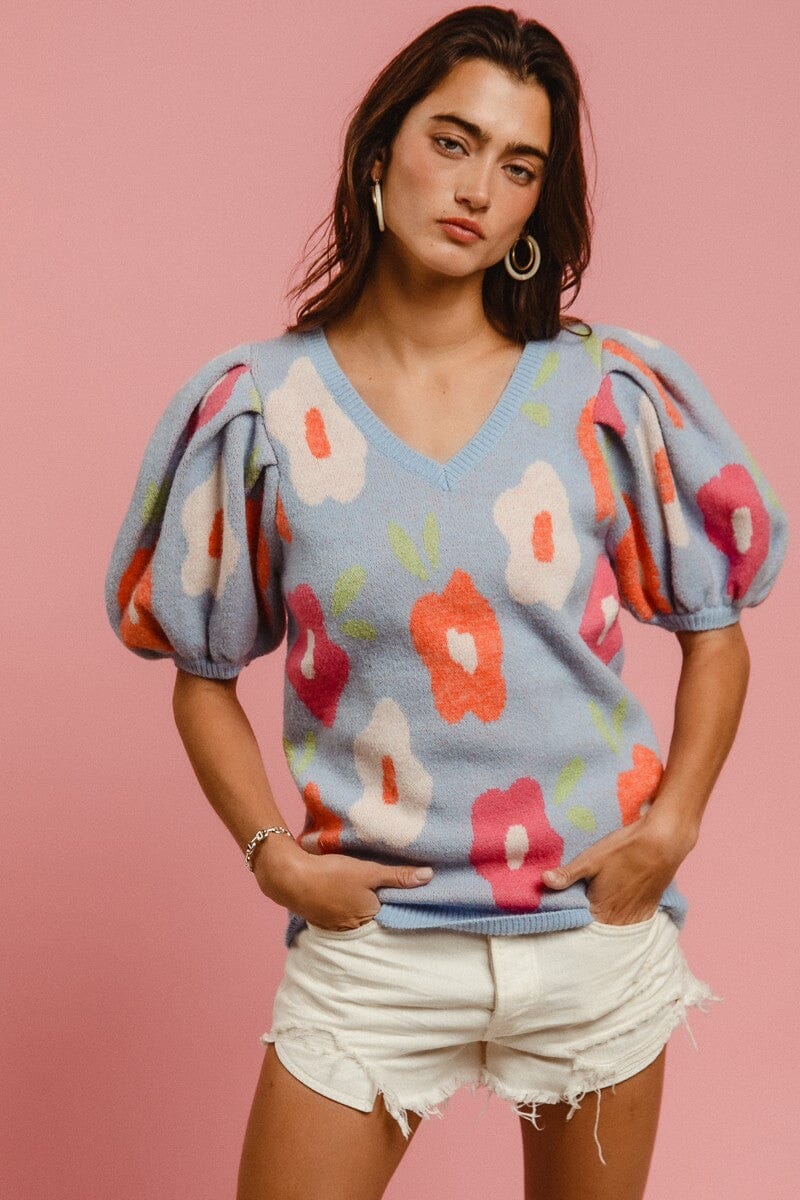 FLORAL PATTERN PUFF SLEEVE SWEATER BIBI
