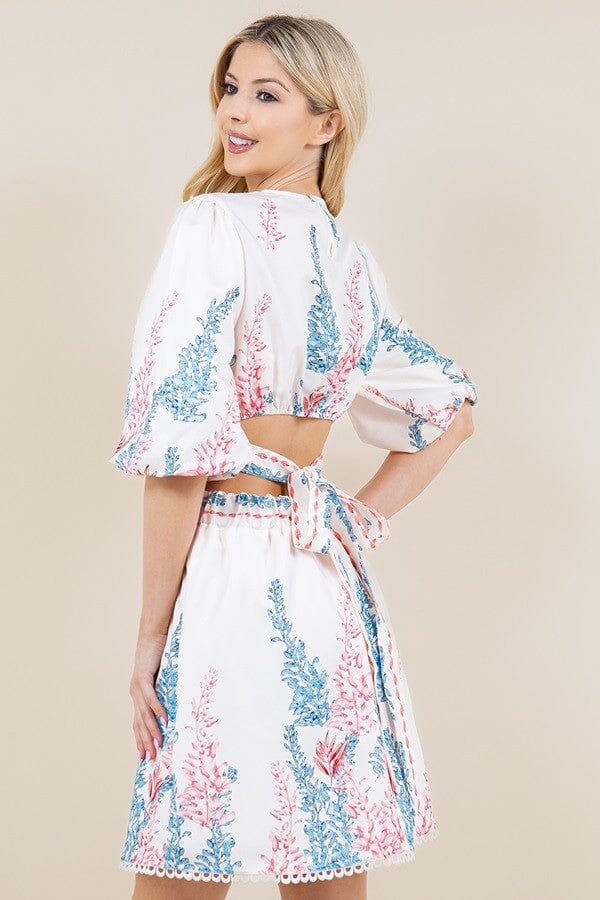 Floral Print Bubble Sleeve Tie Back Dress Sundayup