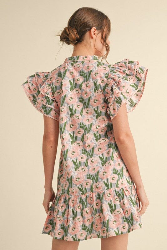 Floral Print Button-up Ruffly Dress jodifil