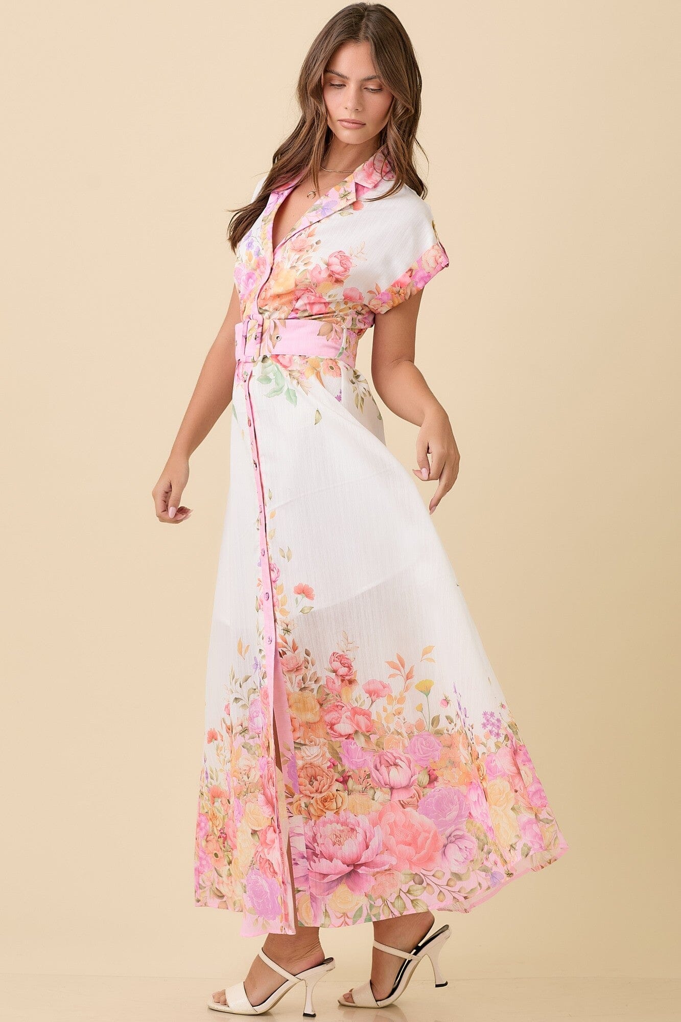 Floral Print Lapel Collar Button Down Maxi Dress Main Strip
