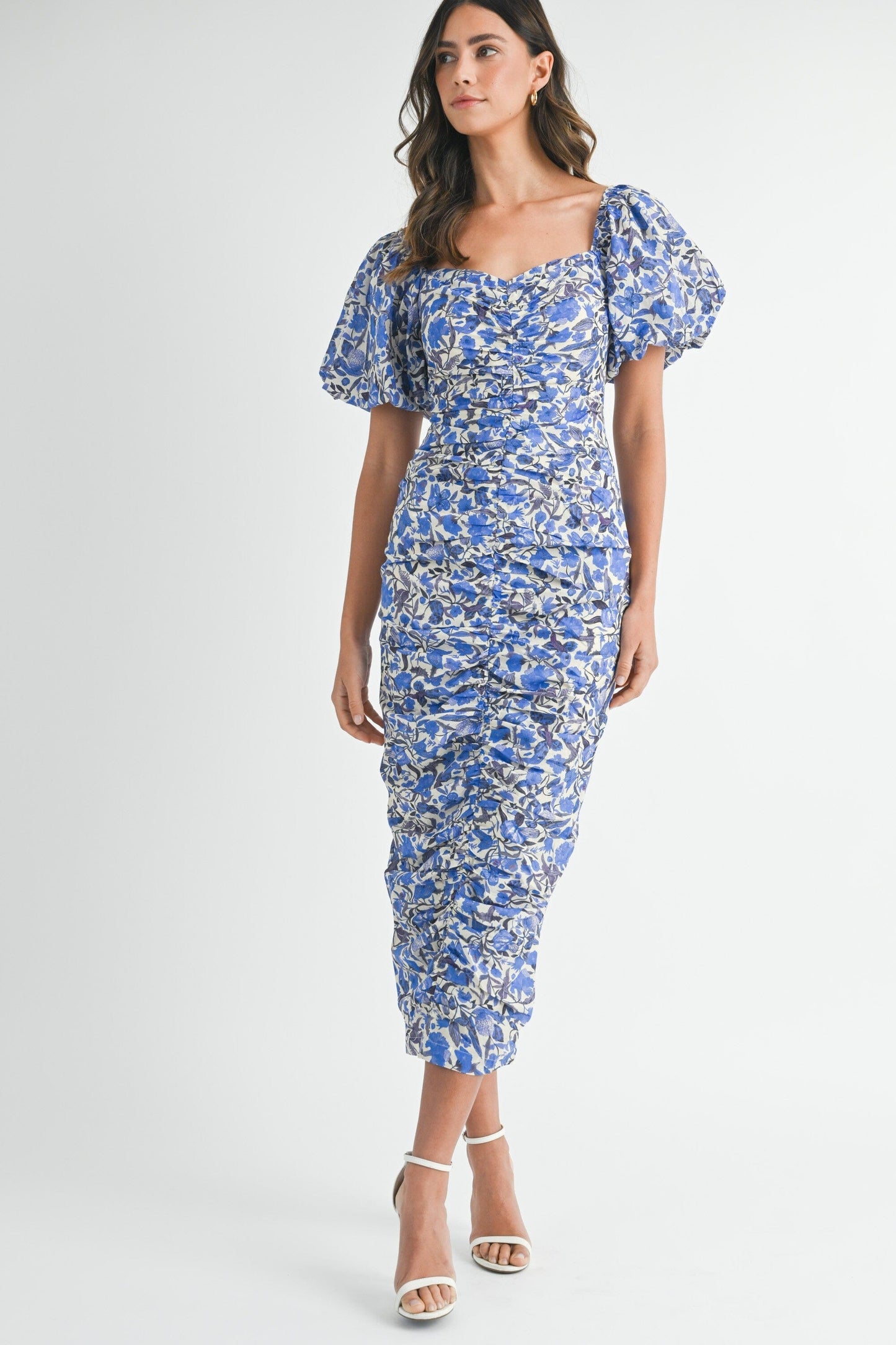 FLORAL PRINT PUFF SLEEVE RUCHED MIDI DRESS mable