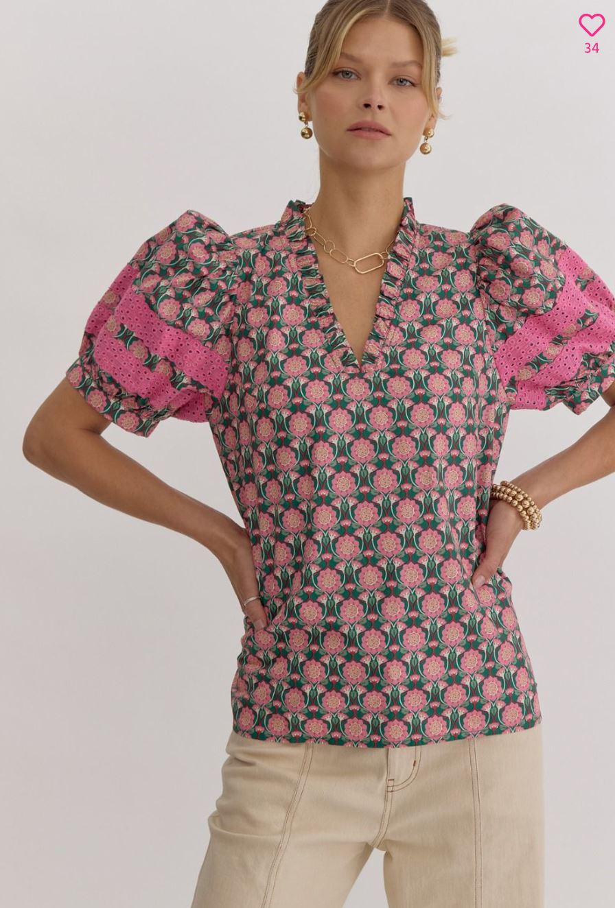 Floral Print Puff Sleeve Top w/ eyelet sleeves Entro