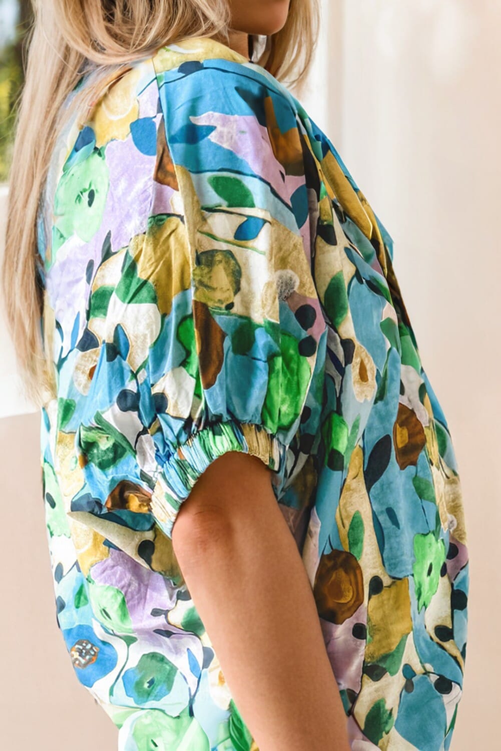 Floral Print Slit V Neck Short Sleeve Blouse Kentce