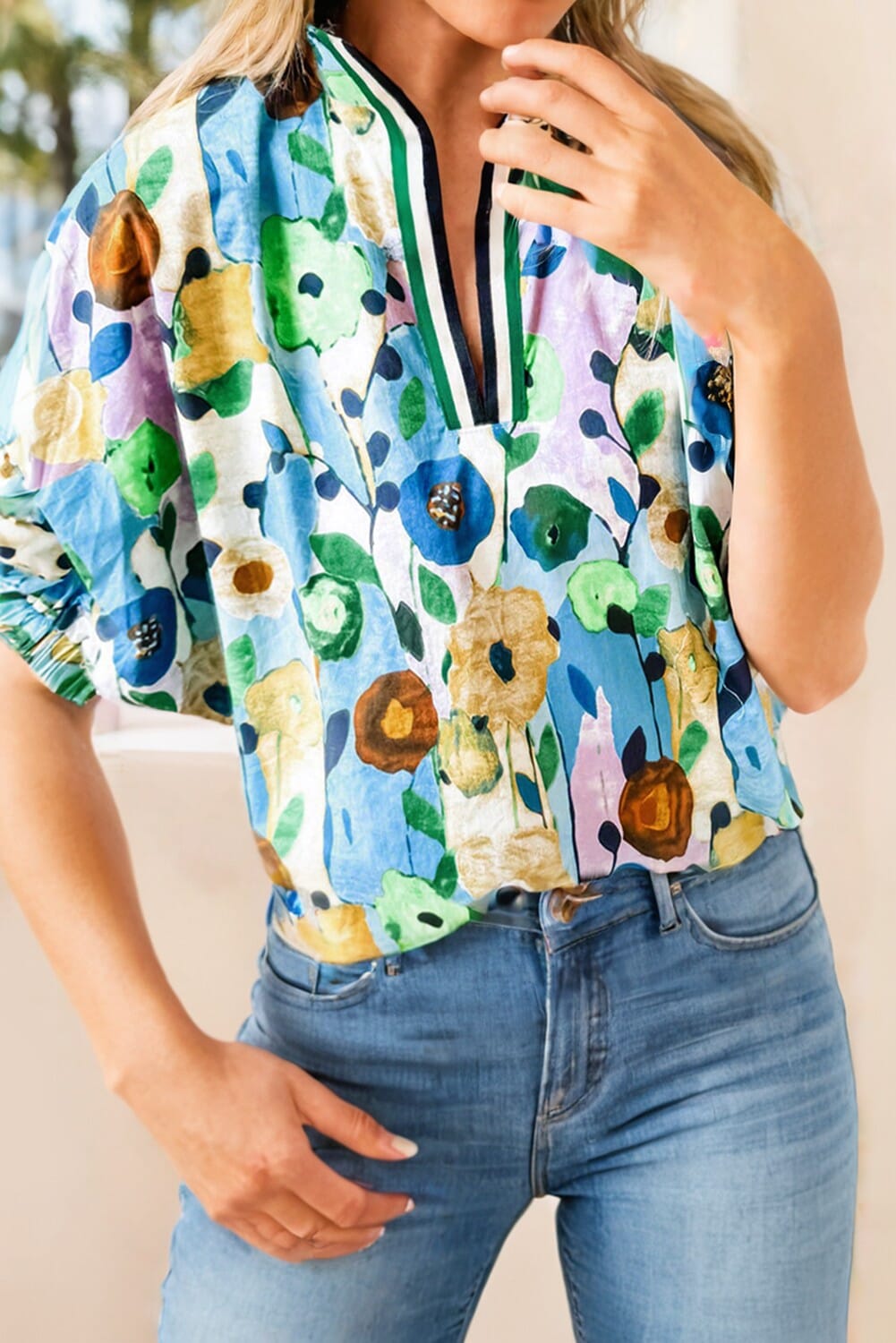 Floral Print Slit V Neck Short Sleeve Blouse Kentce