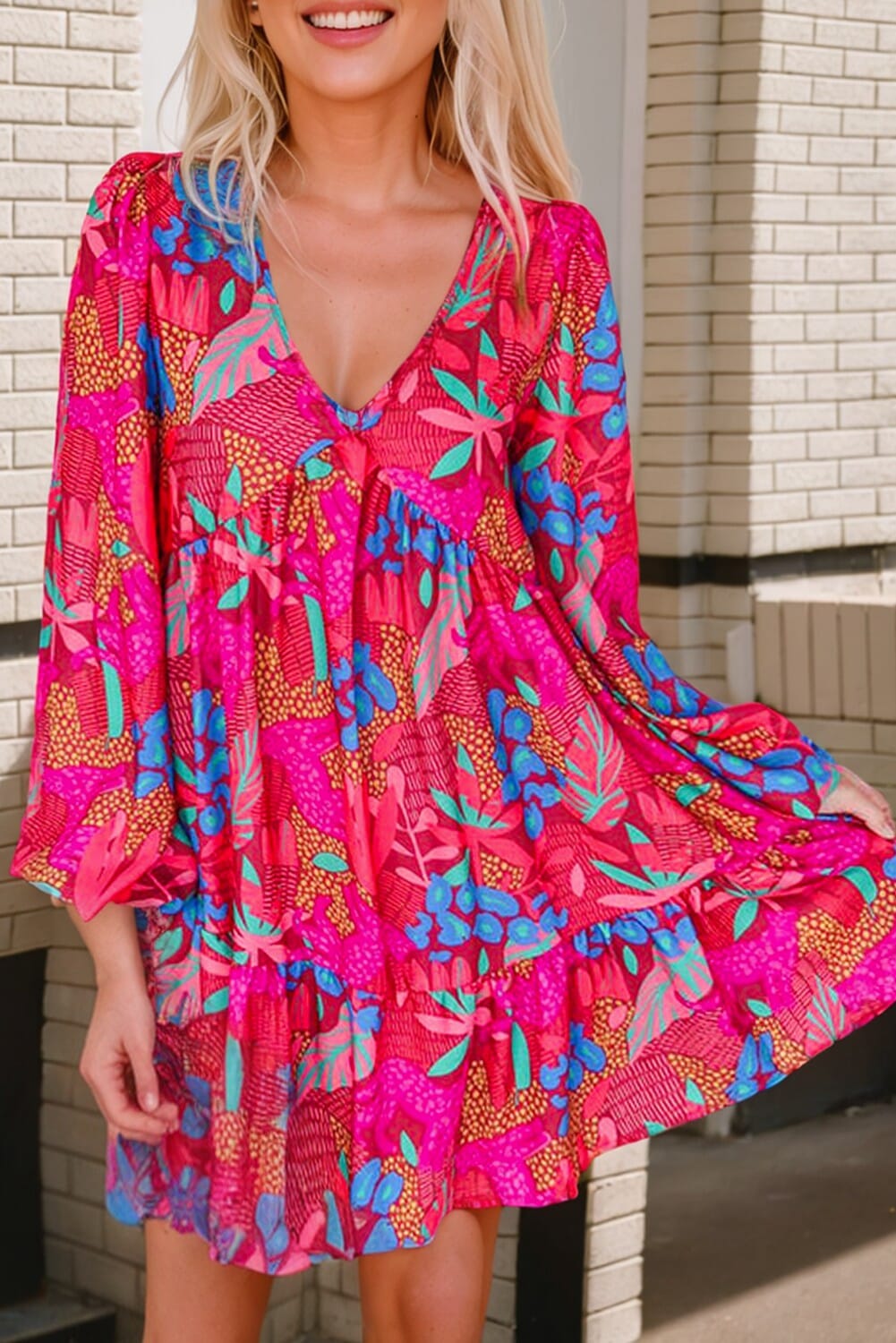 Floral Print V Neck Bubble Sleeve Ruffled Dress Kentce