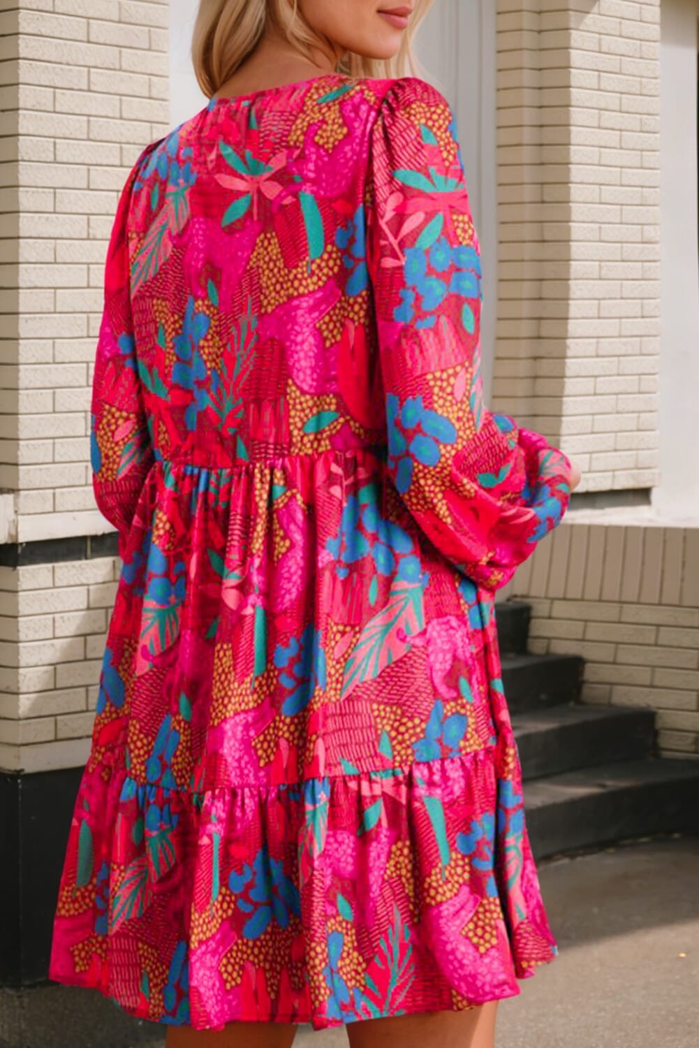 Floral Print V Neck Bubble Sleeve Ruffled Dress Kentce