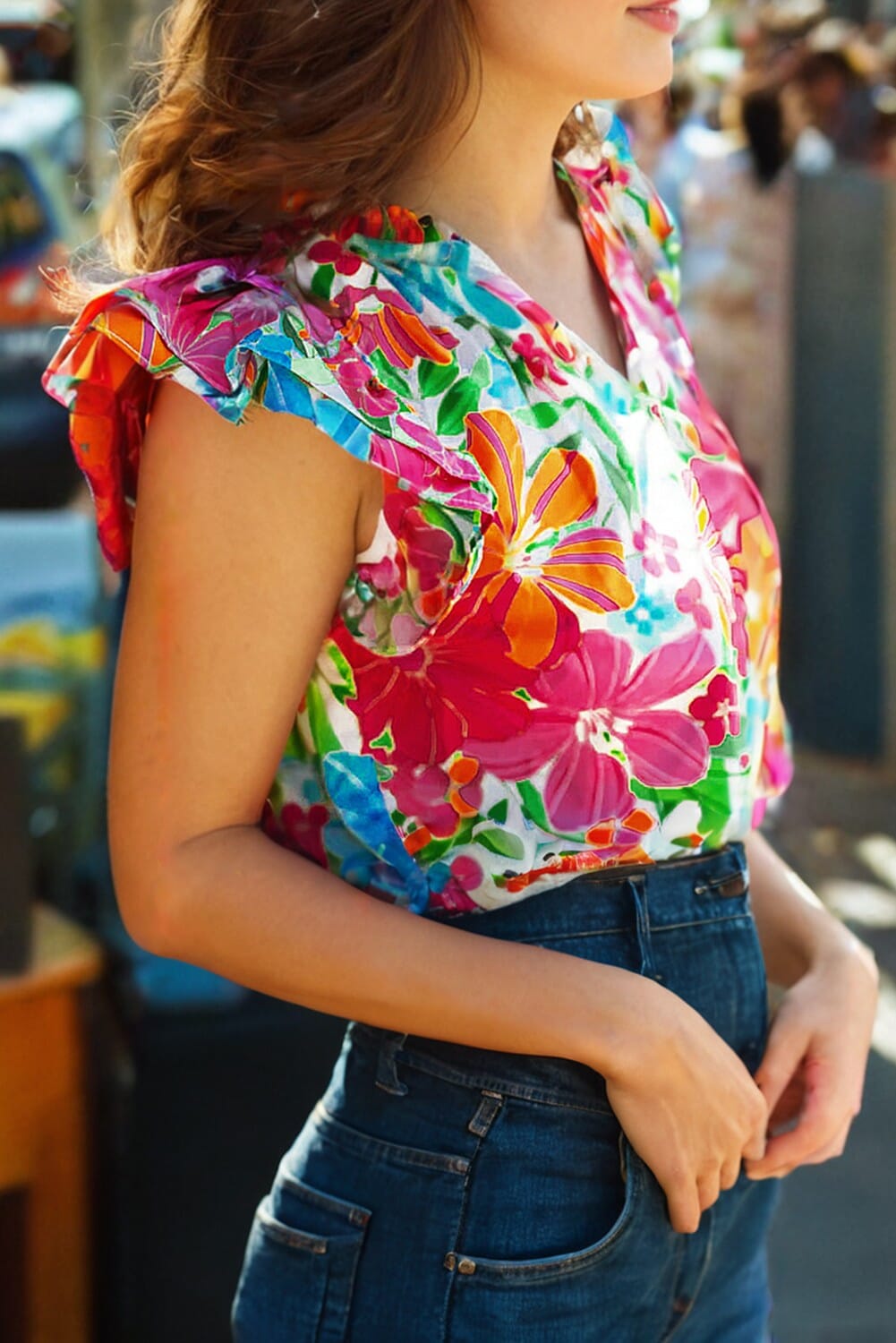 Floral Print V Neck Top Kentce