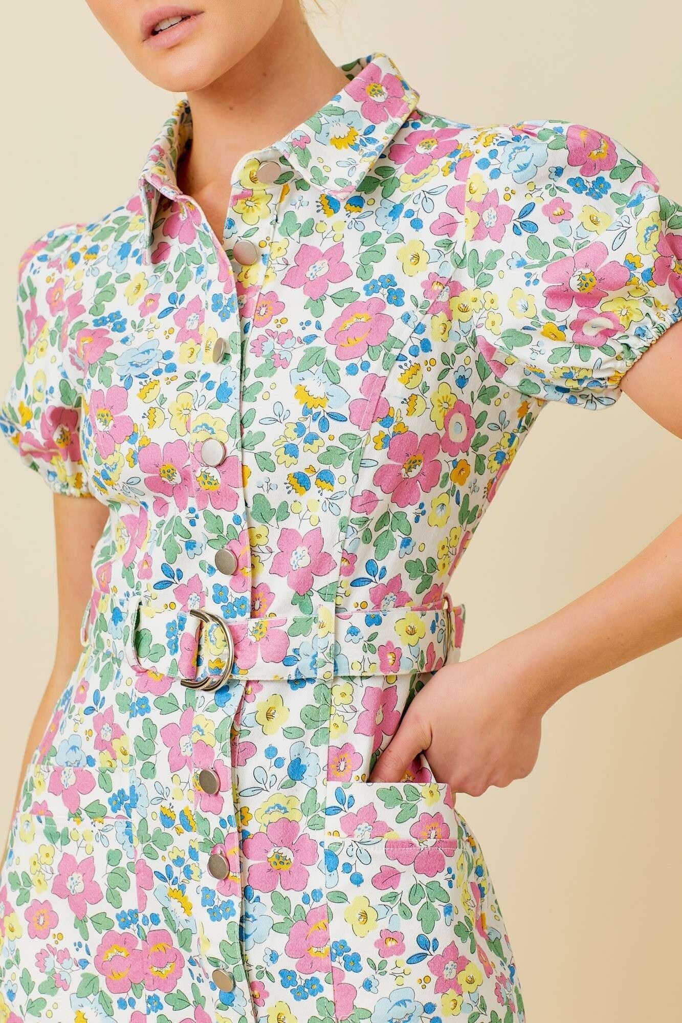 Floral Printed Denim Dress Main Strip