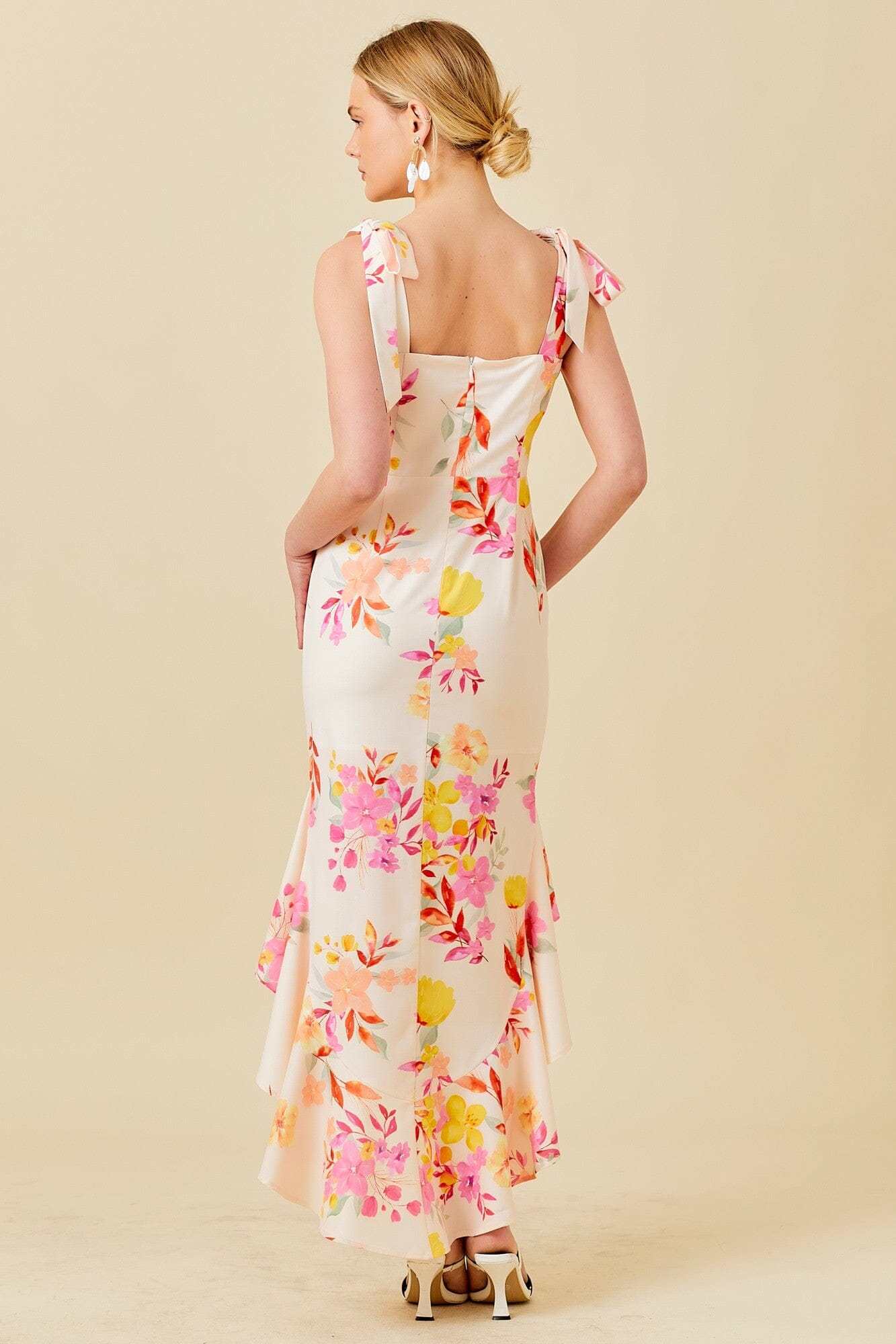 Floral Printed High-Low Ruffled Dress Ships Mid April Main Strip