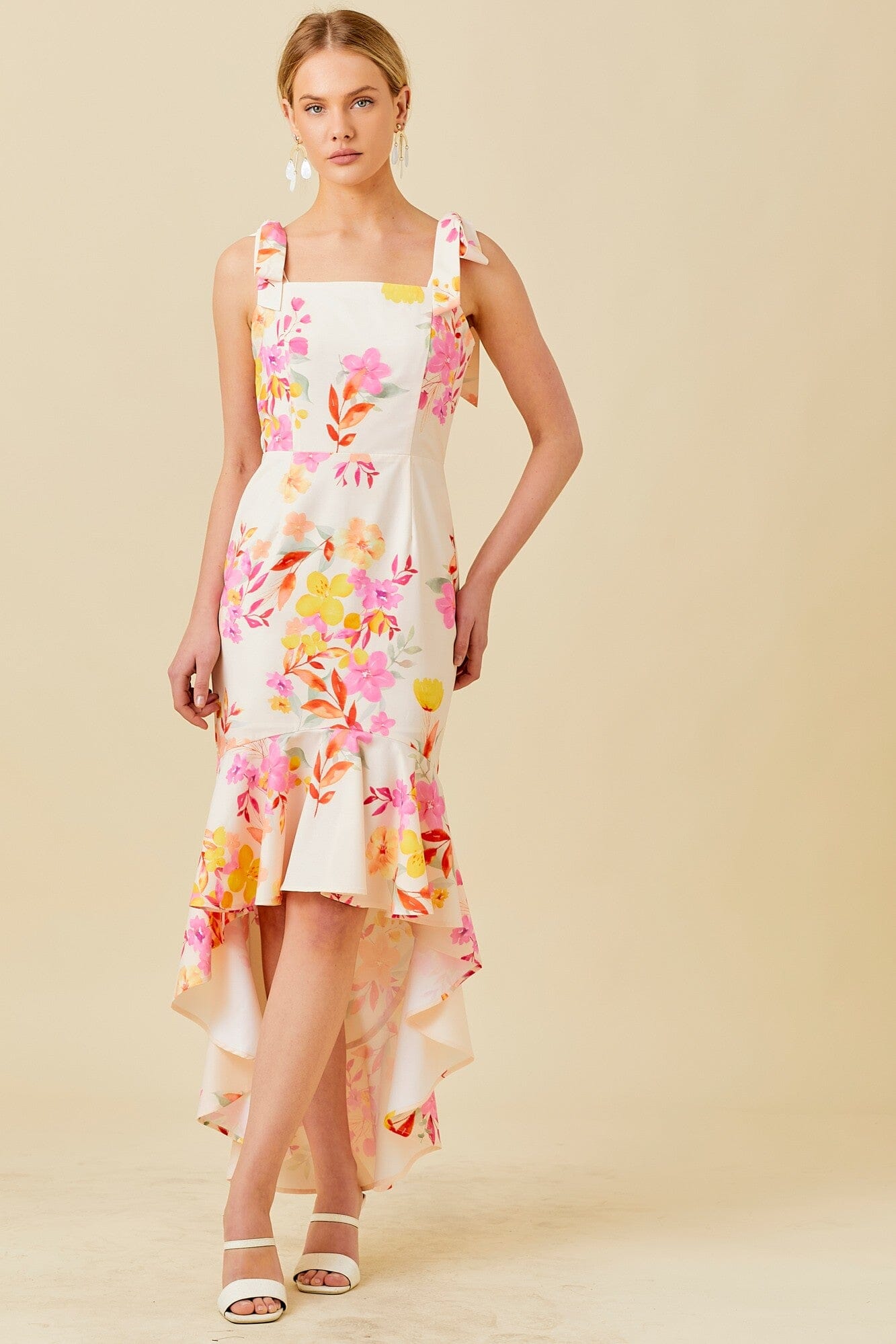 Floral Printed High-Low Ruffled Dress Ships Mid April Main Strip