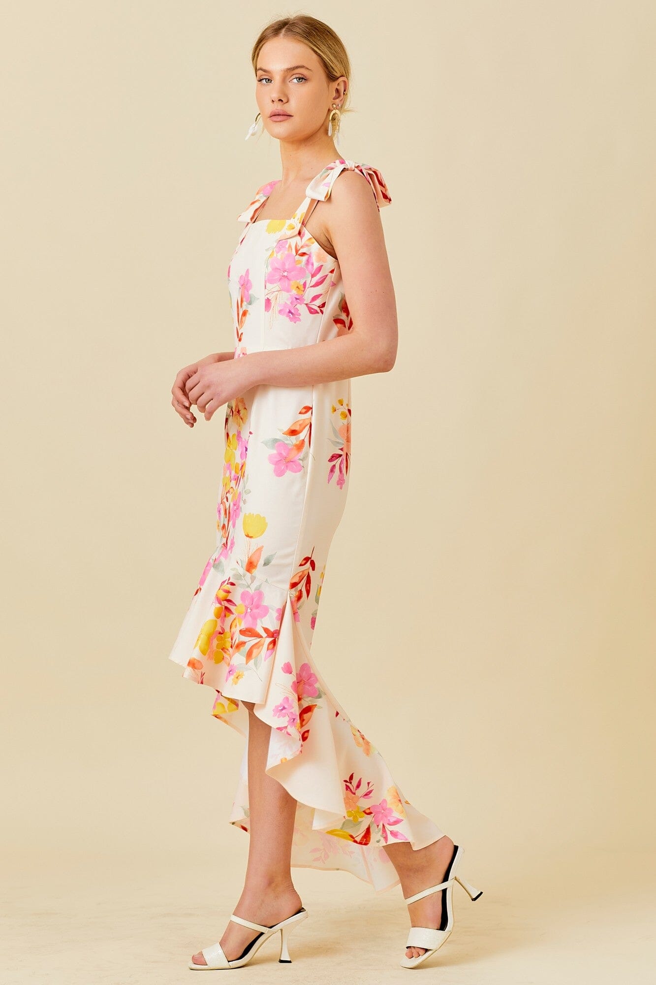 Floral Printed High-Low Ruffled Dress Ships Mid April Main Strip