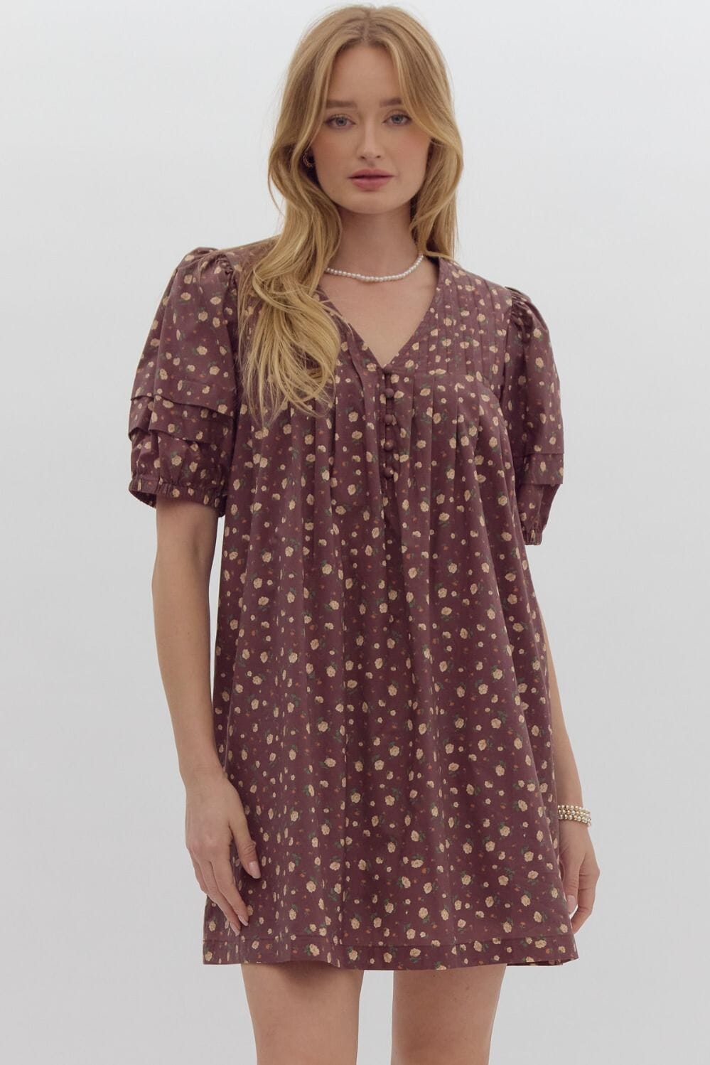 Floral Puff Sleeve Dress with Button Detail Entro