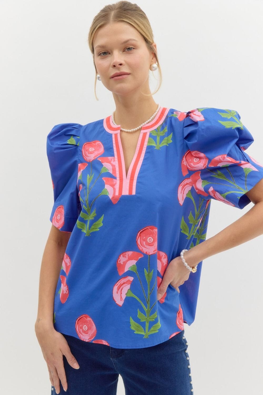 Floral Puff Sleeve Top with Striped Collar - Ships Late April Entro