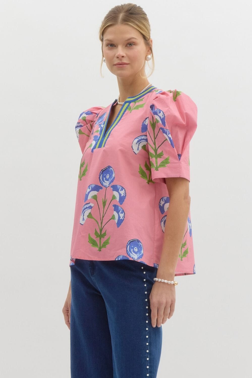 Floral Puff Sleeve Top with Striped Collar - Ships Late April Entro