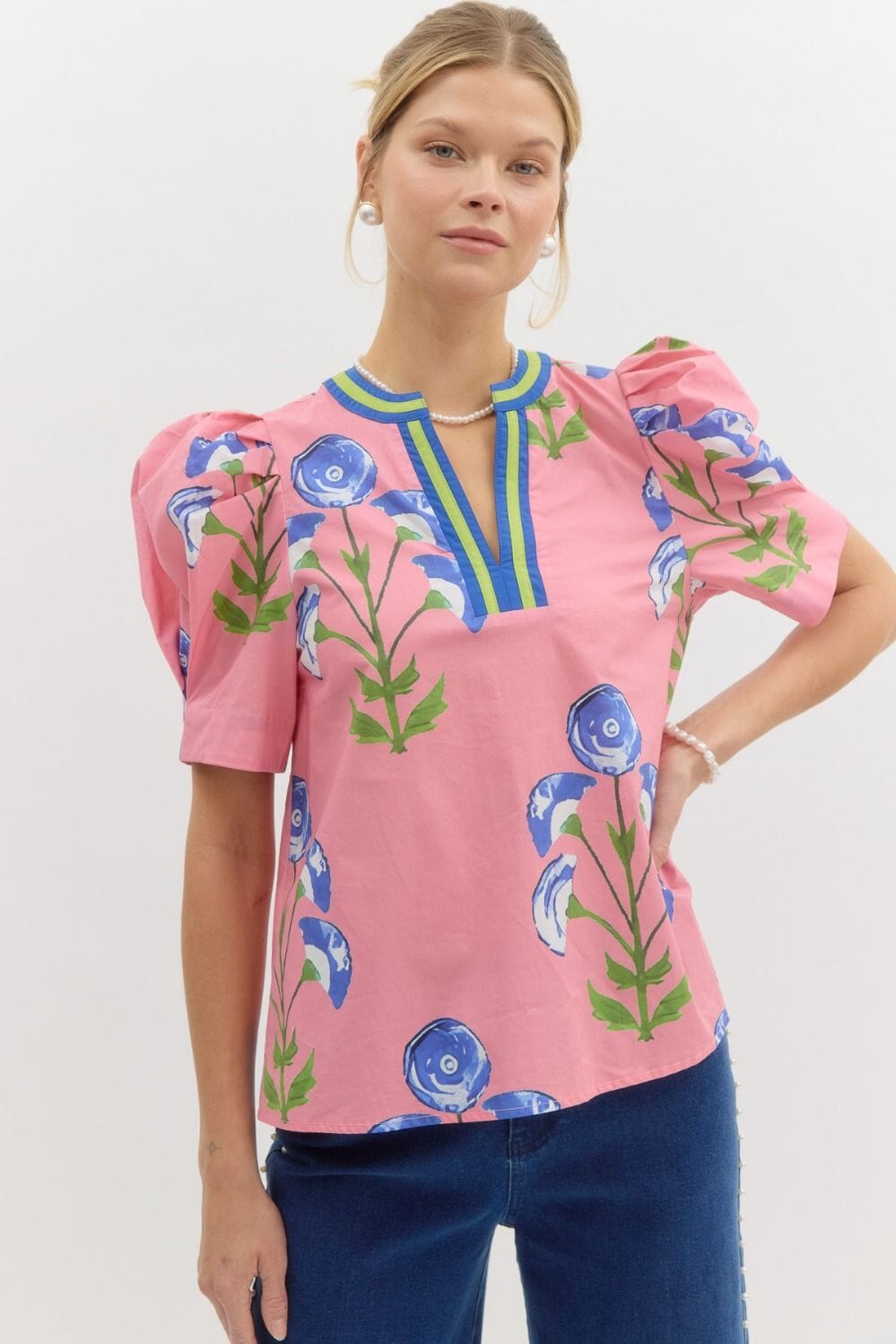 Floral Puff Sleeve Top with Striped Collar - Ships Late April Entro