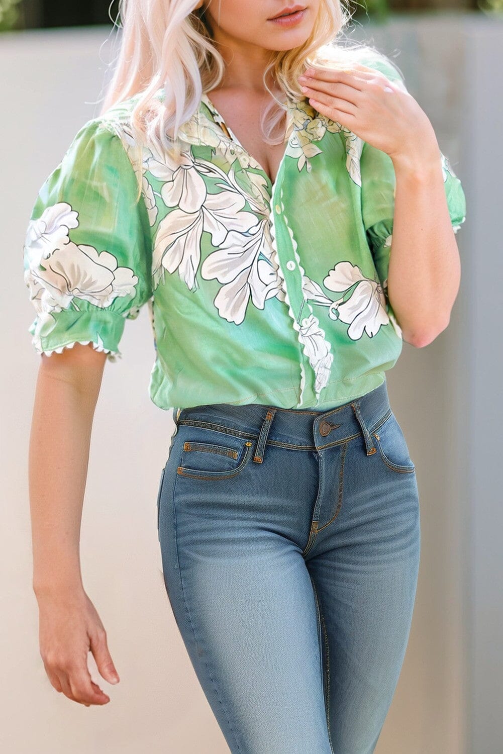 Floral Ric Rac Edge Puff Sleeve Blouse Shewin