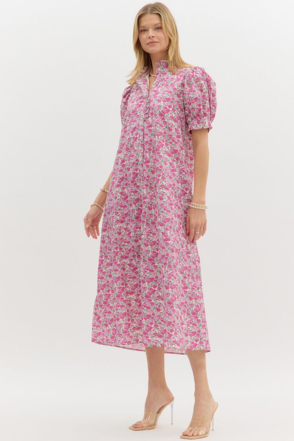 Floral Ruffle Neck A-Line Midi Entro