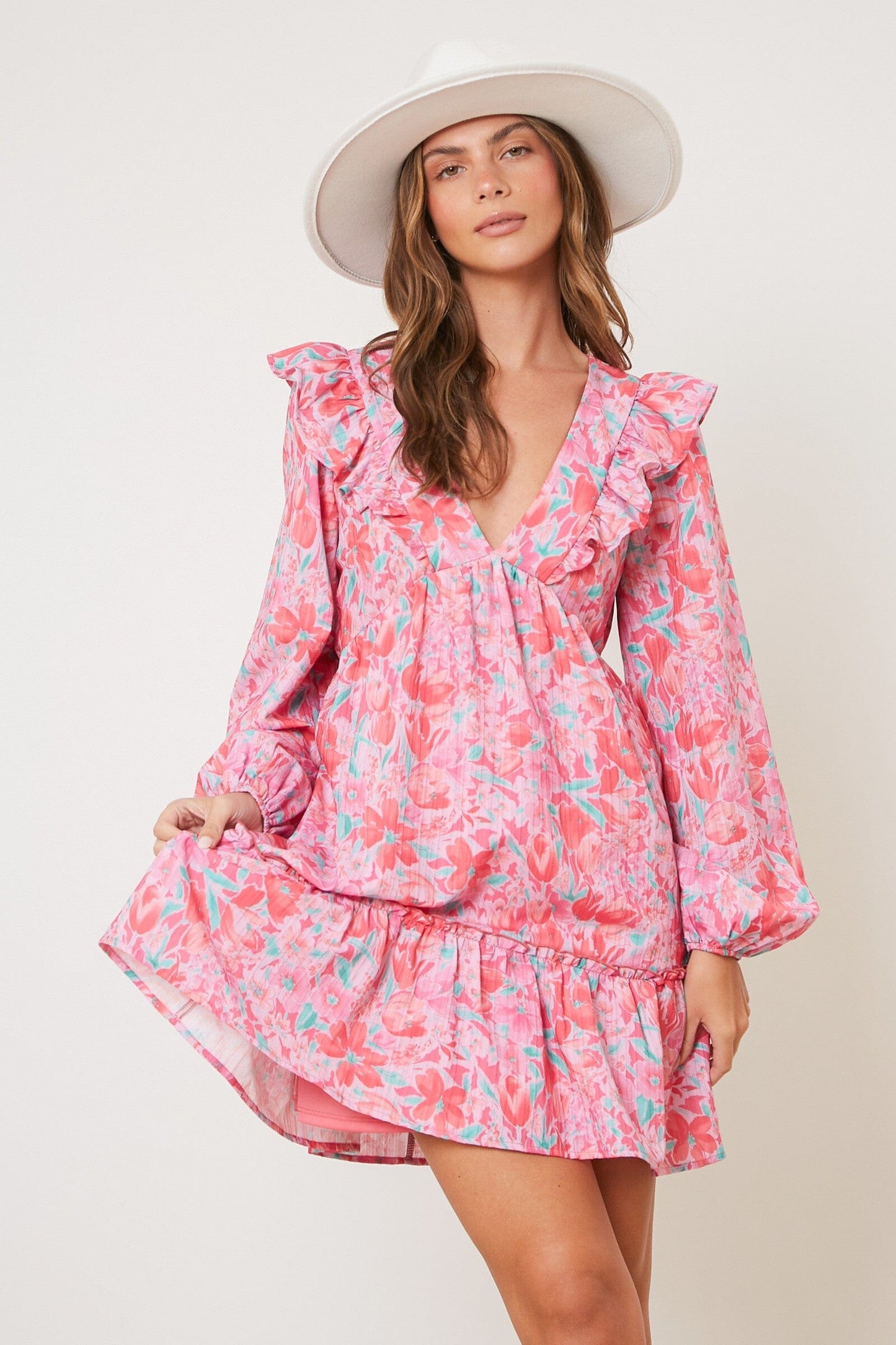 Floral Ruffle V-Neck Mini Dress peach love california
