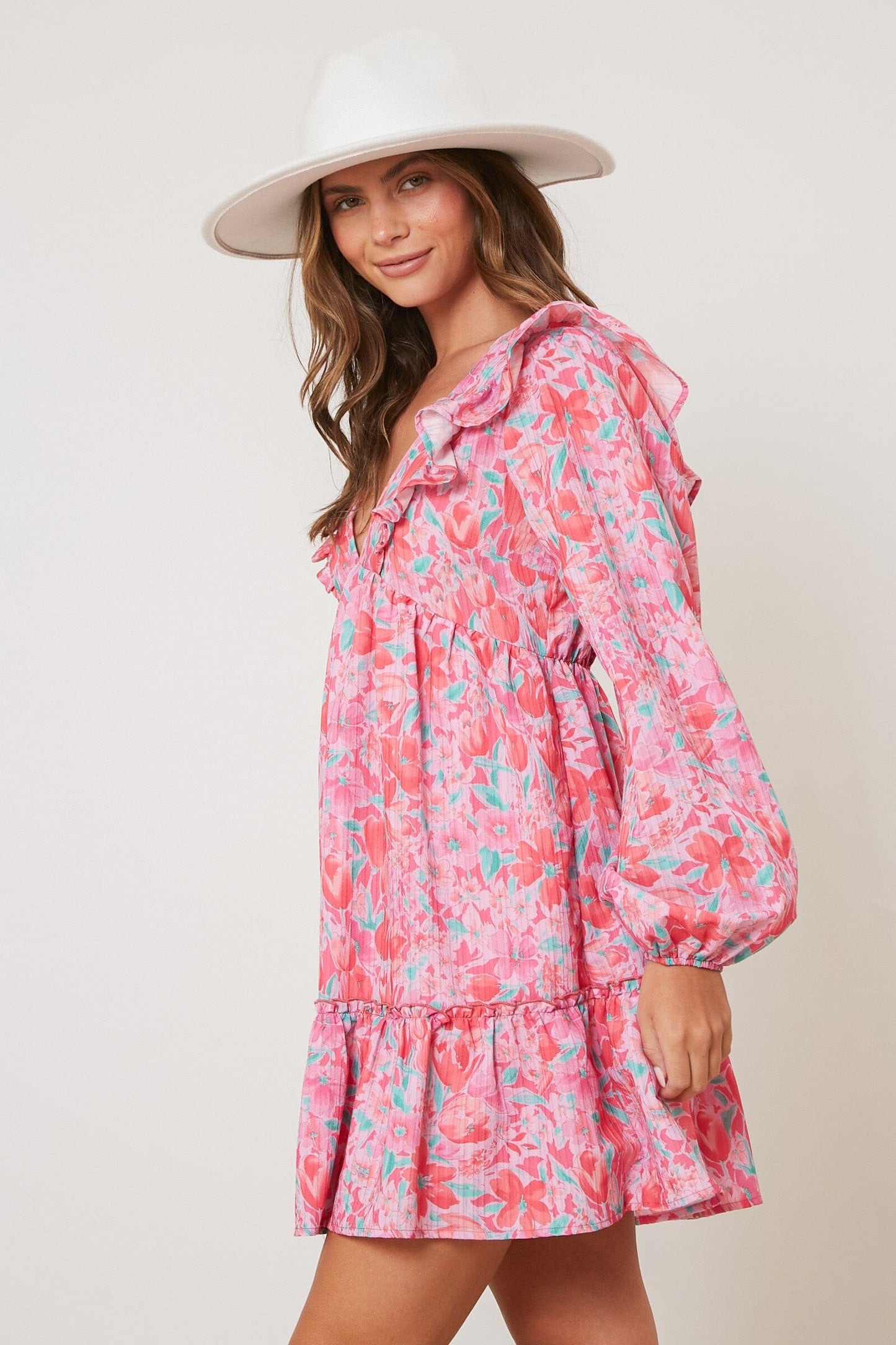 Floral Ruffle V-Neck Mini Dress peach love california