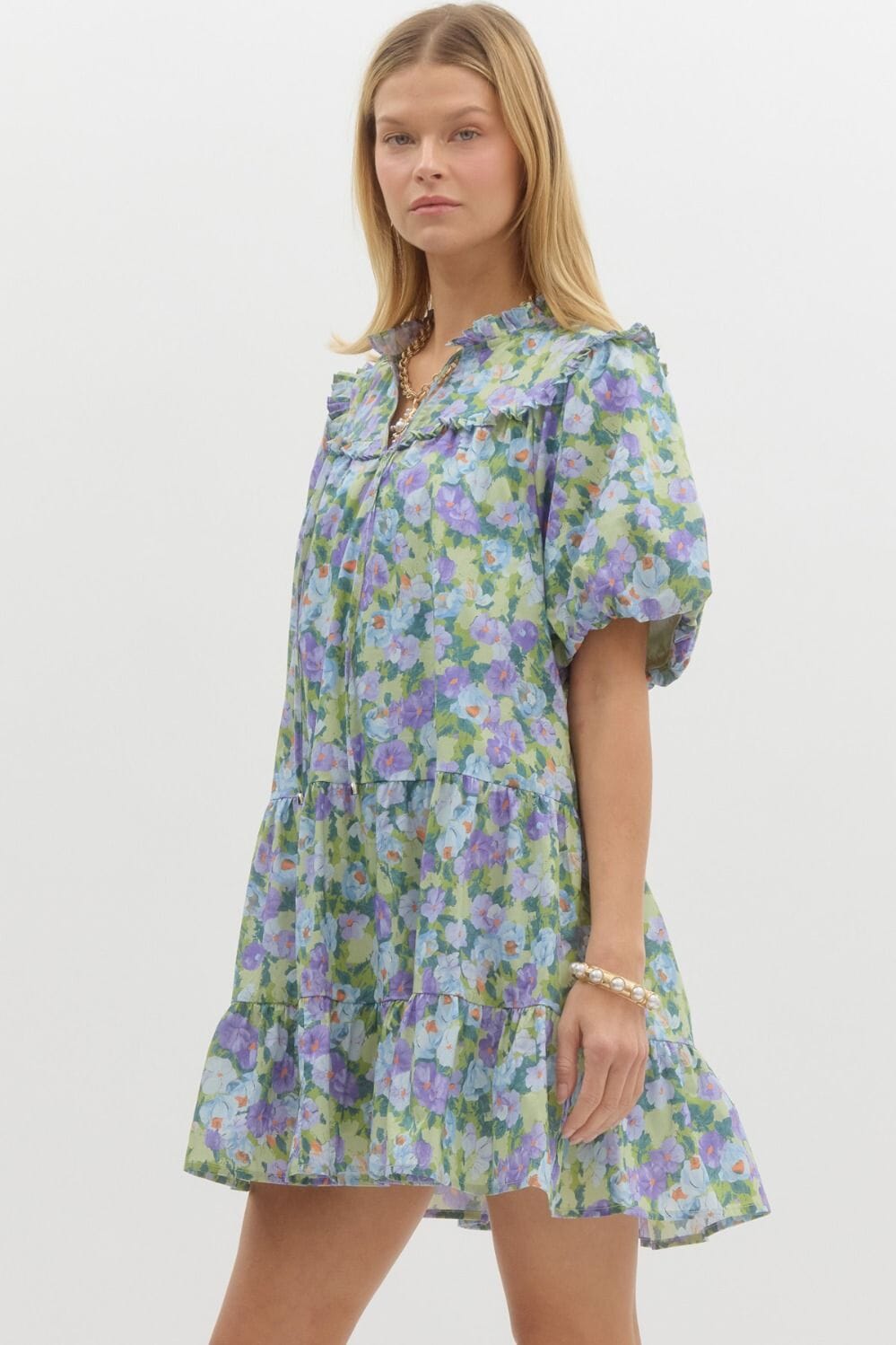 Floral Ruffle Yoke Bubble Sleeve Dress entro
