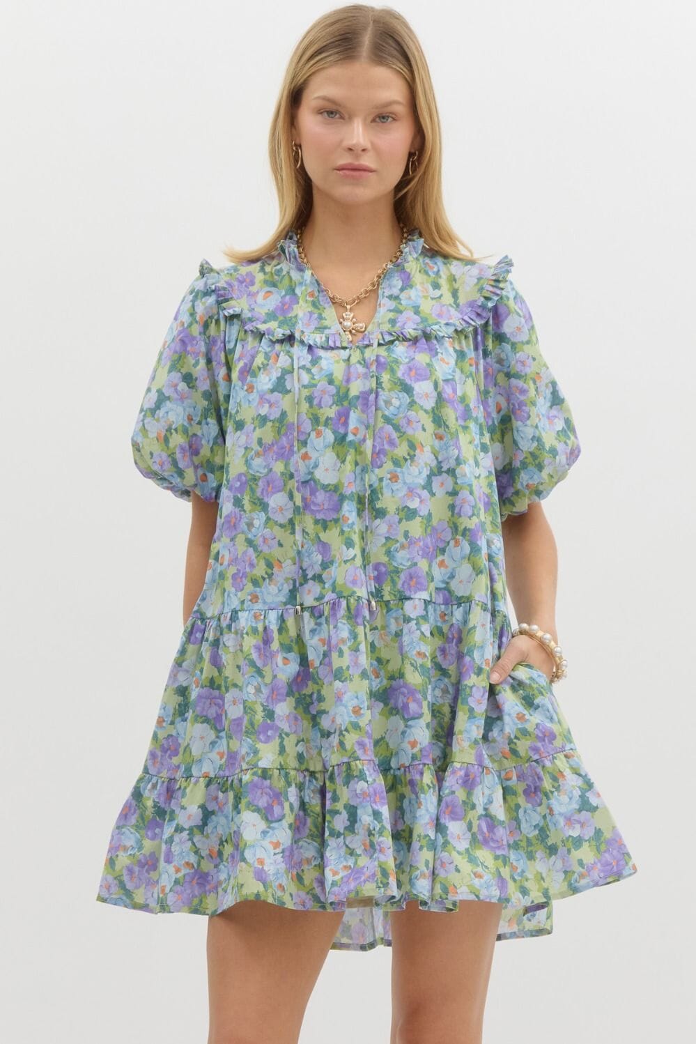 Floral Ruffle Yoke Bubble Sleeve Dress entro