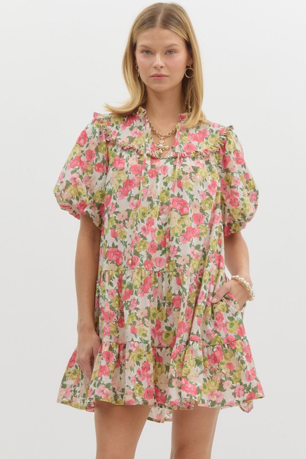 Floral Ruffle Yoke Bubble Sleeve Dress entro
