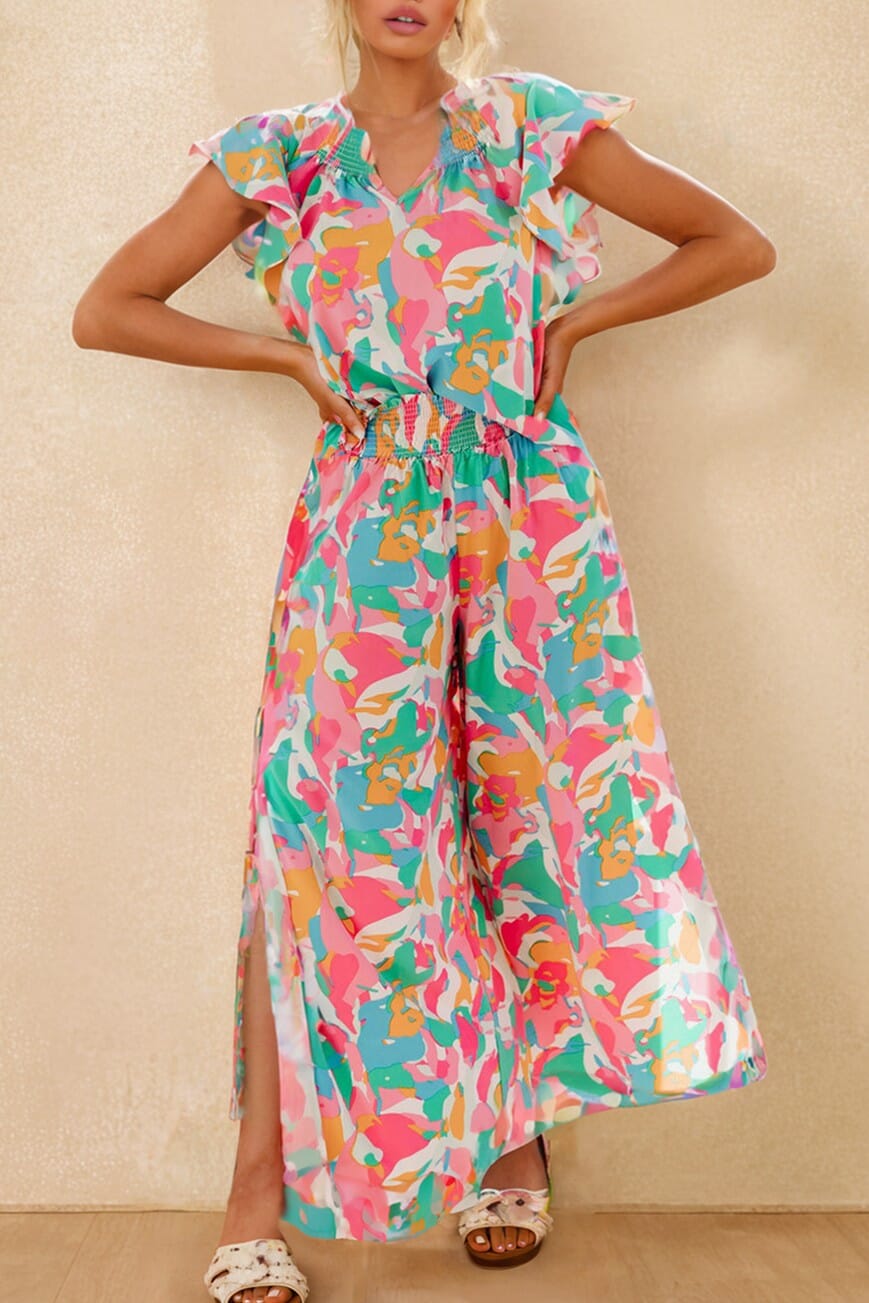 Floral Ruffled Sleeve Top Wide Leg Pants Set Kentce