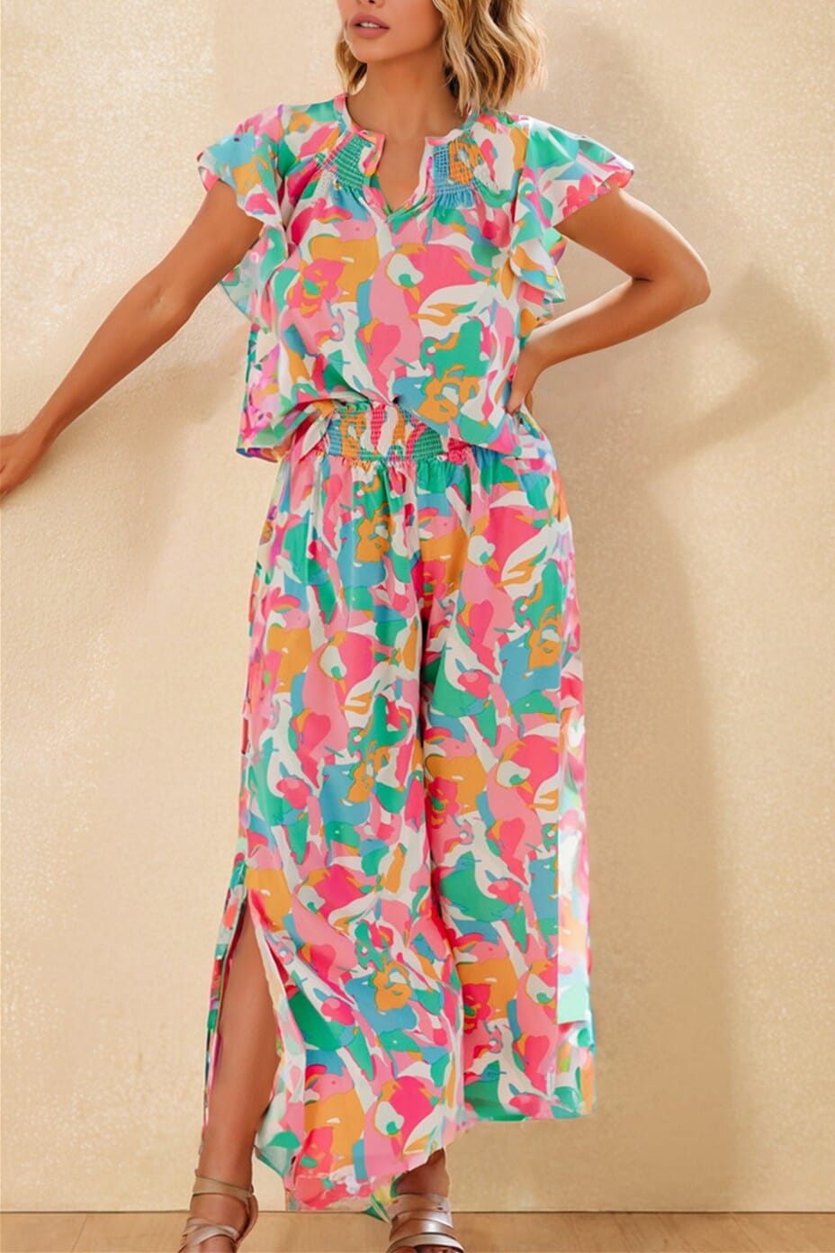 Floral Ruffled Sleeve Top Wide Leg Pants Set Kentce