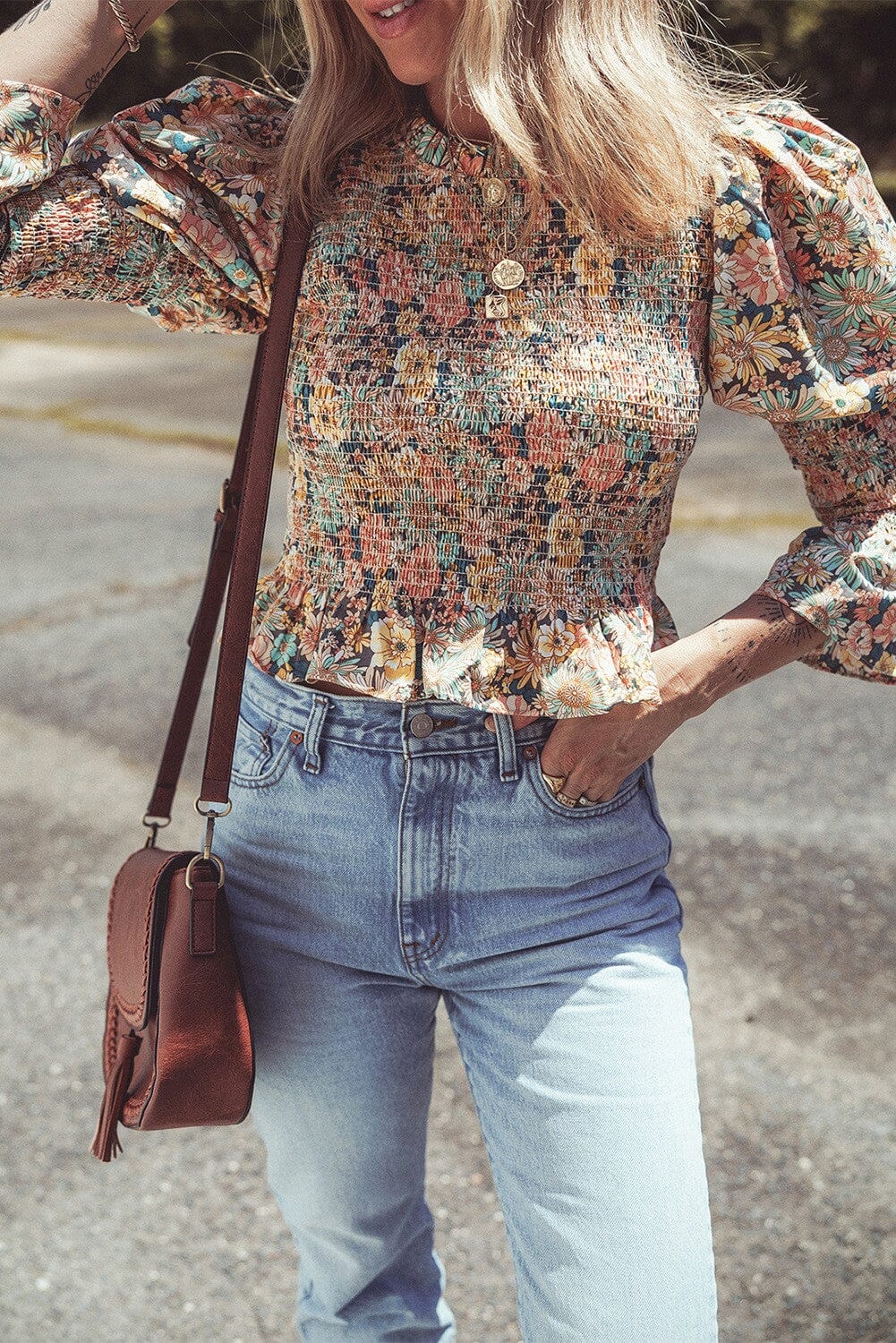 Floral Smocked Bubble Sleeve Ruffled Crop Top shewin