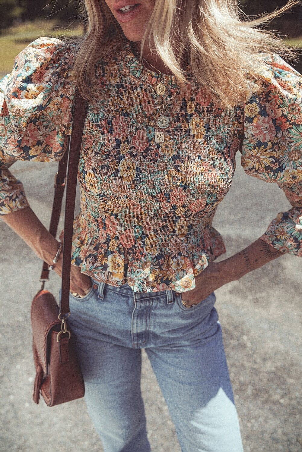 Floral Smocked Bubble Sleeve Ruffled Crop Top shewin