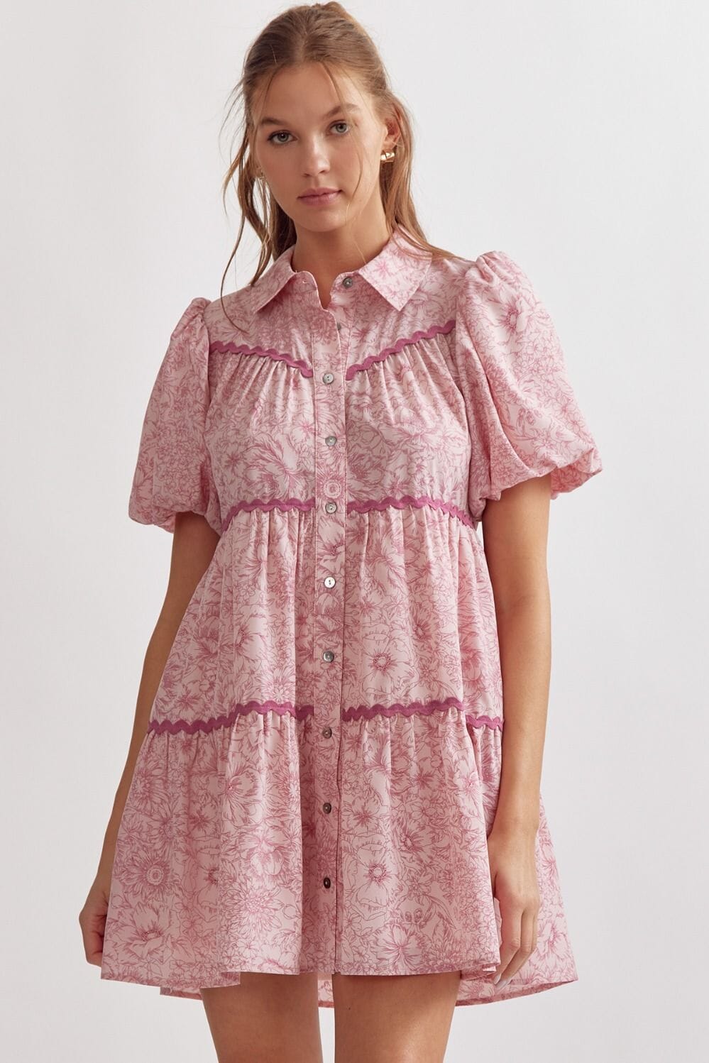 Floral Tiered Shirt Dress with Ric Rac Detail entro