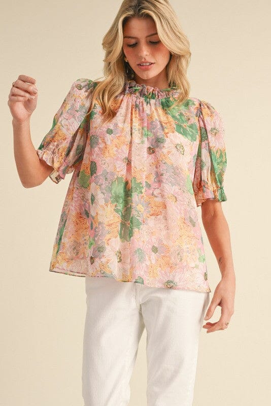 Flower Print Puffed Sleeves Top jodifil