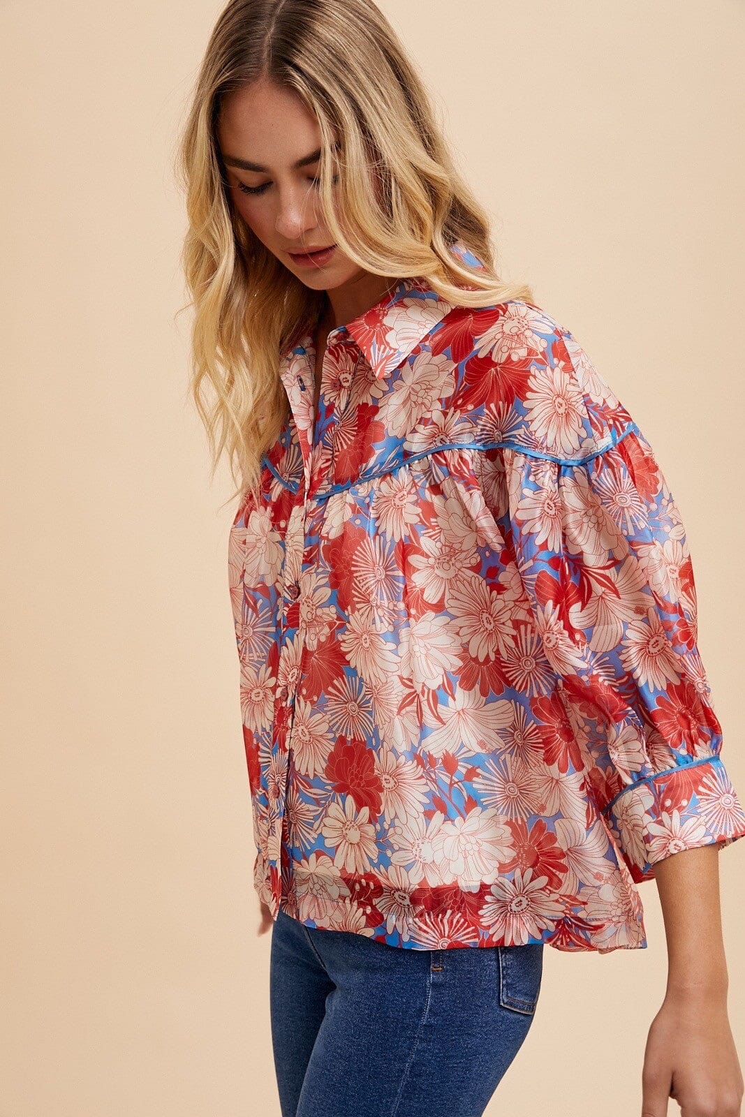 FLOWER PRINTED PIPING DETAIL BLOUSE WOVEN TOP Annie Wear